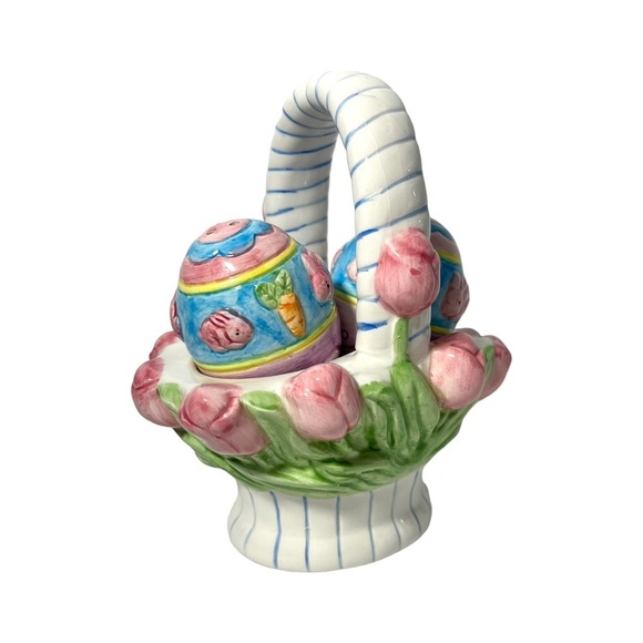 Easter Eggs in Basket Salt & Pepper Shakers Tulips Holiday Spring Ceramic 6” H - Picture 4 of 9